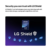 LG טלוויזיה חכמה LG QNED evo AI Mini LED QNED85 4K 2026 86 אינץ, LG Shield, המיושם על טלוויזיית LG QNED evo AI QNED85 Mini LED, מוצגת עם לוגו LG Shield במרכז, סמלי אבטחה מתחתיו, ואות הצטיינות בפרסי החדשנות של CES לשנת 2026 מעליו, המייצגים את הגנת הנתונים והמערכת., 86QNED85B6T, thumbnail 8