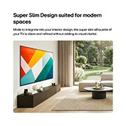 LG טלוויזיה חכמה LG QNED evo AI Mini LED QNED85 4K 2026 86 אינץ, טלוויזיית LG QNED evo AI QNED85 Mini LED עם עיצוב דק במיוחד מותקנת על הקיר בחלל מגורים בהיר ופתוח ומשתלבת בעיצוב הפנים תוך הצגת יצירות אומנות מופשטות גיאומטריות נועזות., 86QNED85B6T, thumbnail 13