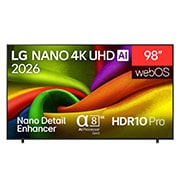 LG 98 אינץ', טלוויזיה חכמה LG NANO 4K UHD AI NU85 2026, המבט הקדמי של טלוויזיית LG NANO 4K UHD AI NU85 משנת 2026 מציג על המסך טקסטורות דמויות בד בצבעים חיים, וכולל Nano Detail Enhancer, ‏מעבד alpha 8 AI 4K Gen3, ‏HDR10 Pro, ‏webOS ומסך בגודל 98 אינץ'., 98NU850B6LB, thumbnail 1