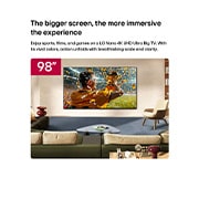 LG 98 אינץ', טלוויזיה חכמה LG NANO 4K UHD AI NU85 2026, טלוויזיית LG NANO 4K UHD AI NU85 בגודל 98 אינץ' Ultra Big TV מותקנת על הקיר בחלל מגורים, ומציגה סצנת ניצחון ספורטיבית עם קונפטי וגביע, המדגישה צבעים מלאי חיים, פרטים ברורים ותחושה סוחפת של קנה מידה., 98NU850B6LB, thumbnail 3