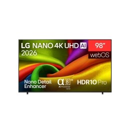 תצוגה קדמית של טלוויזיית LG NANO 4K UHD AI NU85, שיצאה לשוק בשנת 2026, ממלאת את המסך בשכבות חלקות וזורמות של מרקמים בצבע מלא חיים, דמויי בד, כאשר קפלים מעוקלים צבעוניים מתפשטים על פני התצוגה.2