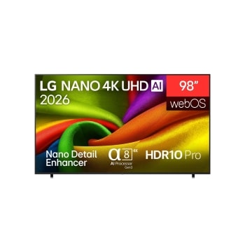 תצוגה קדמית של טלוויזיית LG NANO 4K UHD AI NU85, שיצאה לשוק בשנת 2026, ממלאת את המסך בשכבות חלקות וזורמות של מרקמים בצבע מלא חיים, דמויי בד, כאשר קפלים מעוקלים צבעוניים מתפשטים על פני התצוגה.1
