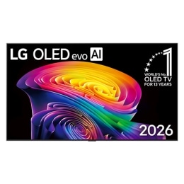 מבט קדמי על טלוויזיית LG OLED evo AI C6, שיצאה לשוק בשנת 2026, עם מסגרת שחורה דקה ומערבולת חיה ומפוסלת של גווני קשת מרובדים הזורמים על המסך, לצד תג טלוויזיית ה-OLED המובילה בעולם במשך 13 שנים.2