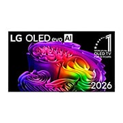 LG טלוויזיה חכמה LG OLED evo AI G6 4K 2026 65 אינץ', מבט קדמי על טלוויזיית LG OLED evo AI G6, שיצאה לשוק בשנת 2026, המציגה מסגרת שחורה דקה, עם תמונה חיה ומעוצבת של צורות צבעוניות המסודרות בשכבות עשירות וממלאות את המסך, לצד התג טלוויזיית ה-OLED המובילה ב, OLED65G66LW, thumbnail 1