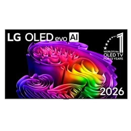 מבט קדמי על טלוויזיית LG OLED evo AI G6, שיצאה לשוק בשנת 2026, המציגה מסגרת שחורה דקה, עם תמונה חיה ומעוצבת של צורות צבעוניות המסודרות בשכבות עשירות וממלאות את המסך, לצד התג טלוויזיית ה-OLED המובילה ב2