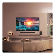 LG טלוויזיה חכמה LG OLED evo AI G6 4K 2026 77 אינץ', טלוויזיית LG OLED evo AI G6 מציגה סצנת שקיעה מלאת חיים מעל האוקיינוס, עם Soundbar ורמקול הממוקמים מתחת למסך, ומשפרים חלל מגורים רגוע ואטמוספרי., OLED77G66LW, thumbnail 15