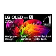 LG טלוויזיית טפט 77 אינץ' LG OLED evo AI W6 True Wireless 4K טלוויזיה חכמה 2026, התצוגה הקדמית של טלוויזיית טפט LG OLED evo AI W6, שהושקה בשנת 2026, מציגה קומפוזיציה דינמית דמוית גל על המסך, הכוללת עיצוב טפט, טכנולוגיית True Wireless, טכנולוגיית Hyper Radiant Color ותג ה-OLED TV ה, OLED77W66LA, thumbnail 2