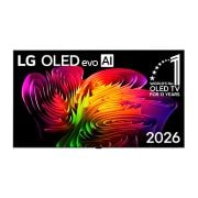 LG טלוויזיית טפט 77 אינץ' LG OLED evo AI W6 True Wireless 4K טלוויזיה חכמה 2026, התצוגה הקדמית של טלוויזיית טפט LG OLED evo AI W6, שהושקה בשנת 2026, מציגה קומפוזיציה דינמית דמוית גל על המסך, הכוללת עיצוב טפט, טכנולוגיית True Wireless, טכנולוגיית Hyper Radiant Color ותג ה-OLED TV ה, OLED77W66LA, thumbnail 1