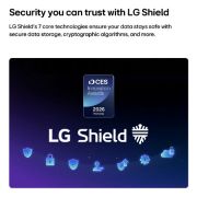 LG טלוויזיית טפט 77 אינץ' LG OLED evo AI W6 True Wireless 4K טלוויזיה חכמה 2026, LG Shield, המיושם על טלוויזיית טפט LG OLED evo AI W6, מוצג עם לוגו LG Shield במרכז, סמלי אבטחה מתחתיו, ואות הצטיינות בפרסי החדשנות של CES לשנת 2026 מעליו, המייצגים את הגנת הנתונים והמערכת., OLED77W66LA, thumbnail 14