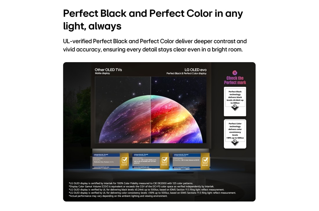 LG טלוויזיית טפט 77 אינץ' LG OLED evo AI W6 True Wireless 4K טלוויזיה חכמה 2026, טלוויזיית טפט LG OLED evo AI W6 מציגה סצנת כוכבי לכת וכוכבים במסך מפוצל, ומשווה בין תצוגת מט anti-glare לבין תצוגת שחור מושלם וצבע מושלם שלה, לאיכות תמונה ברורה יותר בכל תאורה, הנתמכת באישורי UL ובהסמ, OLED77W66LA, thumbnail 10