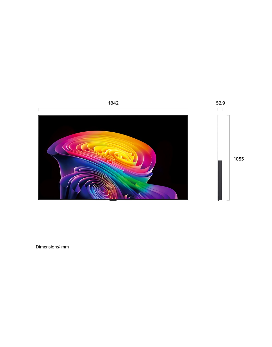LG 83 אינץ' LG OLED evo AI C6 4K Smart TV 2026, טלוויזיית LG OLED evo AI C6 מוצגת מהחזית ומהצד, ומדגישה מסך בגודל 83 אינץ', מסך רחב של 1842 מ״מ, גובה כולל של 1055 מ״מ ועומק דק במיוחד של 52.9 מ״מ ללא מעמד., OLED83C66LA, thumbnail 2