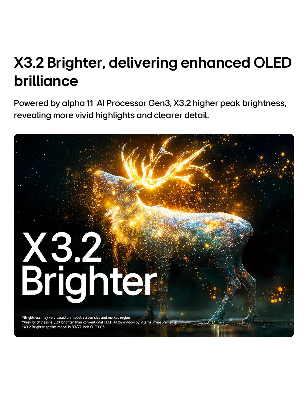 LG 83 אינץ' LG OLED evo AI C6 4K Smart TV 2026, טלוויזיית LG OLED evo AI C6 עם Brightness Booster Pro מציגה סצנה חשוכה שבה חלקיקים זוהרים המקיפים צללית של צבי, ומספקים בהירות שיא גבוהה עד פי 3.2 עם בהירות גבוהה יותר ופרטים ברורים יותר., OLED83C66LA, thumbnail 4