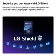 LG טלוויזיית טפט 83 אינץ' LG OLED evo AI W6 True Wireless 4K טלוויזיה חכמה 2026, LG Shield, המיושם על טלוויזיית טפט LG OLED evo AI W6, מוצג עם לוגו LG Shield במרכז, סמלי אבטחה מתחתיו, ואות הצטיינות בפרסי החדשנות של CES לשנת 2026 מעליו, המייצגים את הגנת הנתונים והמערכת., OLED83W66LA, thumbnail 14