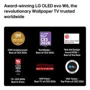 LG טלוויזיית טפט 83 אינץ' LG OLED evo AI W6 True Wireless 4K טלוויזיה חכמה 2026, טלוויזיית טפט LG OLED evo AI W6 מדגישה את ההכרה לה היא זוכה בתעשייה עם חמישה תגי פרסים על המסך מ-CNN underscored,‏ TechRadar, פרס עיצוב Red dot,‏ T3,‏ HDTVTest ו-USA Today, ומדגישה את השבחים שלה ואת מ, OLED83W66LA, thumbnail 8