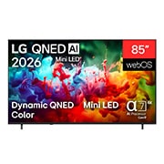 LG טלוויזיה חכמה LG QNED AI Mini LED QNED70 4K 2026 85&nbsp;אינץ', המבט הקדמי של טלוויזיית LG QNED AI QNED70 Mini LED משנת 2026 מציג על המסך התזות צבע דינמיות ורב-גוניות בתנועה זורמת, וכולל Dynamic QNED Color, ‏Mini LED, מעבד ‏alpha 7 AI 4K Gen9, ‏webOS ומסך בגודל 85, 85QNED70B6T, thumbnail 1