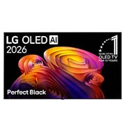 LG טלוויזיה חכמה LG OLED AI B6E 4K 2026 83 אינץ', המבט הקדמי של LG OLED AI B6E, שהושק ב-2026, מציג תמונה של צורות צבעוניות בשכבות, הכוללת את השחור המושלם, לצד התג המציין כי LG היא יצרנית טלוויזיות ה-OLED מספר 1 בעולם במשך 13 שנים., OLED83B6ELA, thumbnail 1