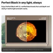 LG טלוויזיה חכמה LG OLED AI B6E 4K 2026 83 אינץ', LG OLED AI B6E מציגה תמונה של השמש במסך מפוצל להשוואה בין תצוגת מט Anti-glare לתצוגת Perfect Black, לאיכות תמונה ברורה יותר בכל תאורה, הנתמכת בהסמכה המוצגת של Perfect Black על ידי UL., OLED83B6ELA, thumbnail 3