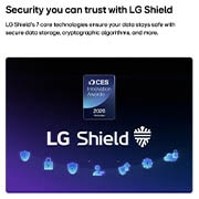 LG טלוויזיה חכמה LG OLED AI B6E 4K 2026 83 אינץ', LG Shield, המיושם בטלוויזיית LG OLED AI B6E, מוצג עם לוגו LG Shield במרכז, סמלי אבטחה מתחת ואות הצטיינות של פרסי החדשנות CES 2026 מעל, המסמלים הגנה על נתונים ועל המערכת., OLED83B6ELA, thumbnail 7