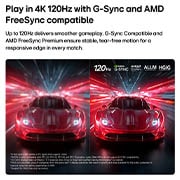 LG טלוויזיה חכמה LG OLED AI B6E 4K 2026 83 אינץ', טלוויזיית LG OLED AI B6E למשחקים חלקים במיוחד וללא קריעות מסך מציגה משחק מרוצים במהירות גבוהה, עם השוואה חזותית המדגישה תנועה חלקה של 120Hz עם סמלי הלוגו של NVIDIA G-SYNC,‏ AMD FreeSync,‏ ALLM ו-HGiG , OLED83B6ELA, thumbnail 8