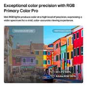 LG 65 אינץ' LG Mini RGB evo AI MRGB85 4K Smart TV 2026, RGB Primary Color Pro, המשולב בטלוויזיית LG Mini RGB evo AI MRGB85, מציג תמונה מפוצלת המשווה בין צבע LED קונבנציונלי בצד שמאל לבין מבנים בהירים ורוויים יותר בצד ימין, תוך הדגשת כיסוי של 100% DCI-P3 ו-, 65MRGB85B6C, thumbnail 4