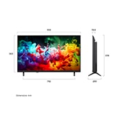 LG טלוויזיה חכמה LG QNED AI Mini LED QNED70 4K 2026 43 אינץ', טלוויזיית LG QNED AI QNED70 Mini LED מוצגת מהחזית ומהצד מדגישה תצוגה בגודל 43 אינץ' עם מסך רחב של 959 מ"מ, גובה מסך של 563 מ"מ, גובה של 618 מ"מ עם מעמד, עומק פרופיל של 70.8 מ"מ ושטח בסיס מעמד בגודל 79, 43QNED70B6T, thumbnail 2
