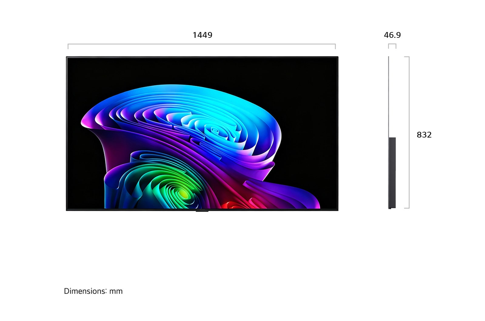 LG 65 אינץ' LG OLED evo AI CS6 4K Smart TV 2026, מבט קדמי על טלוויזיית LG OLED evo AI CS6, שיצאה לשוק בשנת 2026, עם מסגרת שחורה דקה ומערבולת חיה ומפוסלת של גווני קשת מרובדים הזורמים על המסך, לצד תג טלוויזיית ה-OLED המובילה בעולם במשך 13 שנים., OLED65CS6VA, thumbnail 2