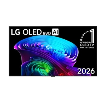 מבט קדמי על טלוויזיית LG OLED evo AI CS6, שיצאה לשוק בשנת 2026, עם מסגרת שחורה דקה ומערבולת חיה ומפוסלת של גווני קשת מרובדים הזורמים על המסך, לצד תג טלוויזיית ה-OLED המובילה בעולם במשך 13 שנים.1