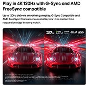 LG טלוויזיה חכמה LG OLED AI B6E 4K 2026 55 אינץ', טלוויזיית LG OLED AI B6E למשחקים חלקים במיוחד וללא קריעות מסך מציגה משחק מרוצים במהירות גבוהה, עם השוואה חזותית המדגישה תנועה חלקה של 120Hz עם סמלי הלוגו של NVIDIA G-SYNC,‏ AMD FreeSync,‏ ALLM ו-HGiG , OLED55B6ELA, thumbnail 8
