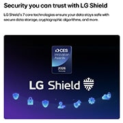 LG טלוויזיה חכמה LG OLED AI B6E 4K 2026 55 אינץ', LG Shield, המיושם בטלוויזיית LG OLED AI B6E, מוצג עם לוגו LG Shield במרכז, סמלי אבטחה מתחת ואות הצטיינות של פרסי החדשנות CES 2026 מעל, המסמלים הגנה על נתונים ועל המערכת., OLED55B6ELA, thumbnail 7