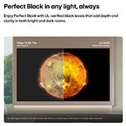 LG טלוויזיה חכמה LG OLED AI B6E 4K 2026 55 אינץ', LG OLED AI B6E מציגה תמונה של השמש במסך מפוצל להשוואה בין תצוגת מט Anti-glare לתצוגת Perfect Black, לאיכות תמונה ברורה יותר בכל תאורה, הנתמכת בהסמכה המוצגת של Perfect Black על ידי UL., OLED55B6ELA, thumbnail 3