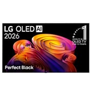 LG טלוויזיה חכמה LG OLED AI B6E 4K 2026 65 אינץ', המבט הקדמי של LG OLED AI B6E, שהושק ב-2026, מציג תמונה של צורות צבעוניות בשכבות, הכוללת את השחור המושלם, לצד התג המציין כי LG היא יצרנית טלוויזיות ה-OLED מספר 1 בעולם במשך 13 שנים., OLED65B6ELA, thumbnail 1