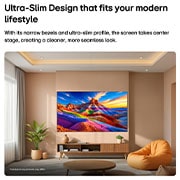 LG טלוויזיה חכמה LG OLED AI B6E 4K 2026 65 אינץ', טלוויזיית LG OLED AI B6E מותקנת על הקיר בחלל מגורים מעוצב, עם עיצוב דק במיוחד ושוליים צרים, ומציגה נוף בגווני קשת עם הרים המשתלבים בשכבות על המסך., OLED65B6ELA, thumbnail 9