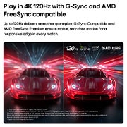 LG טלוויזיה חכמה LG OLED AI B6E 4K 2026 65 אינץ', טלוויזיית LG OLED AI B6E למשחקים חלקים במיוחד וללא קריעות מסך מציגה משחק מרוצים במהירות גבוהה, עם השוואה חזותית המדגישה תנועה חלקה של 120Hz עם סמלי הלוגו של NVIDIA G-SYNC,‏ AMD FreeSync,‏ ALLM ו-HGiG , OLED65B6ELA, thumbnail 8