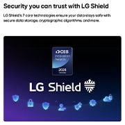 LG טלוויזיה חכמה LG OLED AI B6E 4K 2026 65 אינץ', LG Shield, המיושם בטלוויזיית LG OLED AI B6E, מוצג עם לוגו LG Shield במרכז, סמלי אבטחה מתחת ואות הצטיינות של פרסי החדשנות CES 2026 מעל, המסמלים הגנה על נתונים ועל המערכת., OLED65B6ELA, thumbnail 7