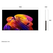 LG טלוויזיה חכמה LG OLED AI B6E 4K 2026 65 אינץ', LG OLED AI B6E המוצג במבט קדמי ובמבט צד מדגיש מסך בגודל 77 אינץ' וברוחב 1719 מ"מ, גובה כולל של 989 מ"מ ועומק דק במיוחד של 50.9 מ"מ ללא מעמד., OLED65B6ELA, thumbnail 2