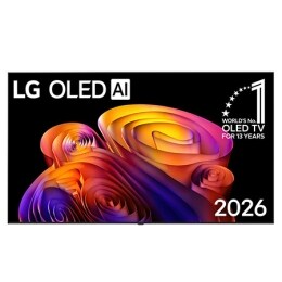 המבט הקדמי של LG OLED AI B6E, שהושק ב-2026, מציג מסגרת שחורה דקה ותמונה חיה ופיסולית של צורות צבעוניות עשירות הממלאות את המסך, לצד התג המציין ש-LG היא יצרנית טלוויזיות ה-OLED מספר 1 בעולם במשך 13 שנים2