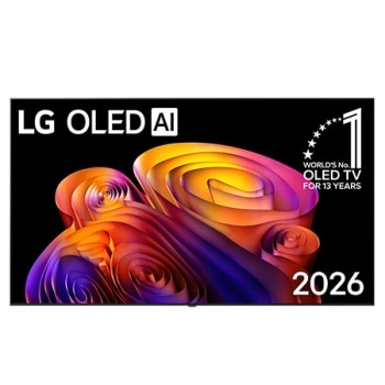 המבט הקדמי של LG OLED AI B6E, שהושק ב-2026, מציג מסגרת שחורה דקה ותמונה חיה ופיסולית של צורות צבעוניות עשירות הממלאות את המסך, לצד התג המציין ש-LG היא יצרנית טלוויזיות ה-OLED מספר 1 בעולם במשך 13 שנים1