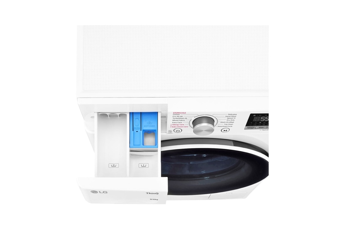 LG מכונת כביסה/מייבש  6/9 ק''ג AIDD פתח קדמי בצבע לבן עם שוליים ודלת בעלת גוון שחור, detergent tray top perspective , F1696SWDE, thumbnail 8