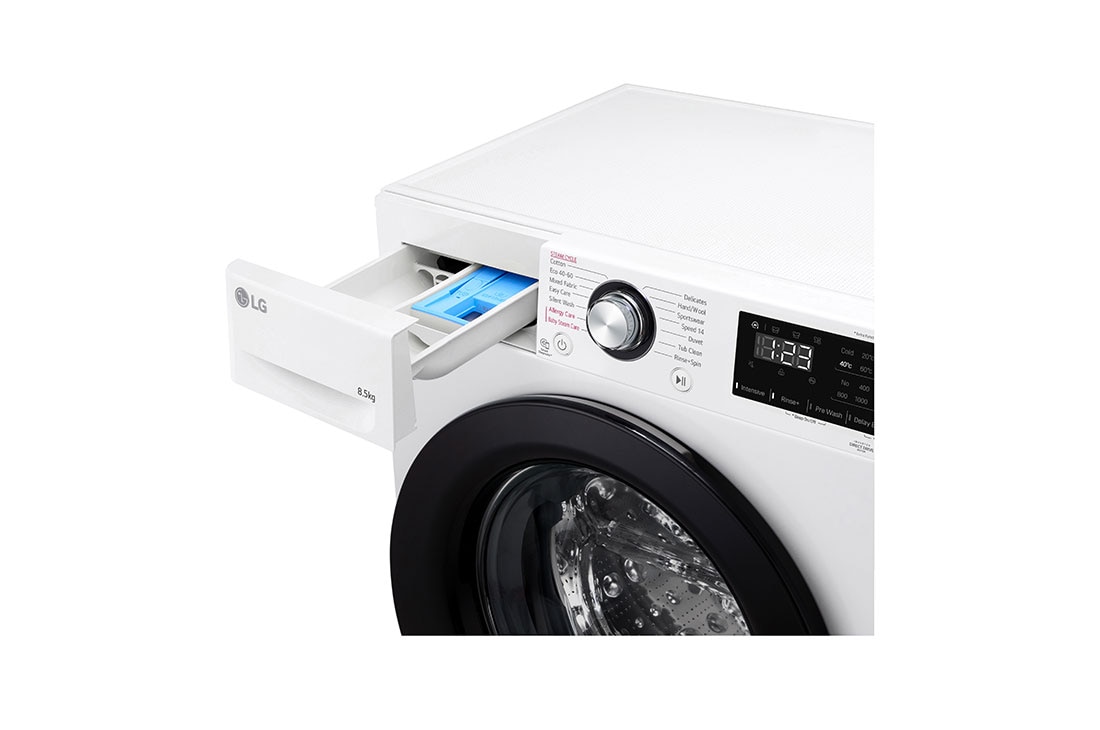 LG מכונת כביסה 8.5 ק''ג AIDD בצבע לבן פתח קדמי  עם דלת שחורה, Top_Right_Drawer_Open_Detail, F0854SE, thumbnail 7