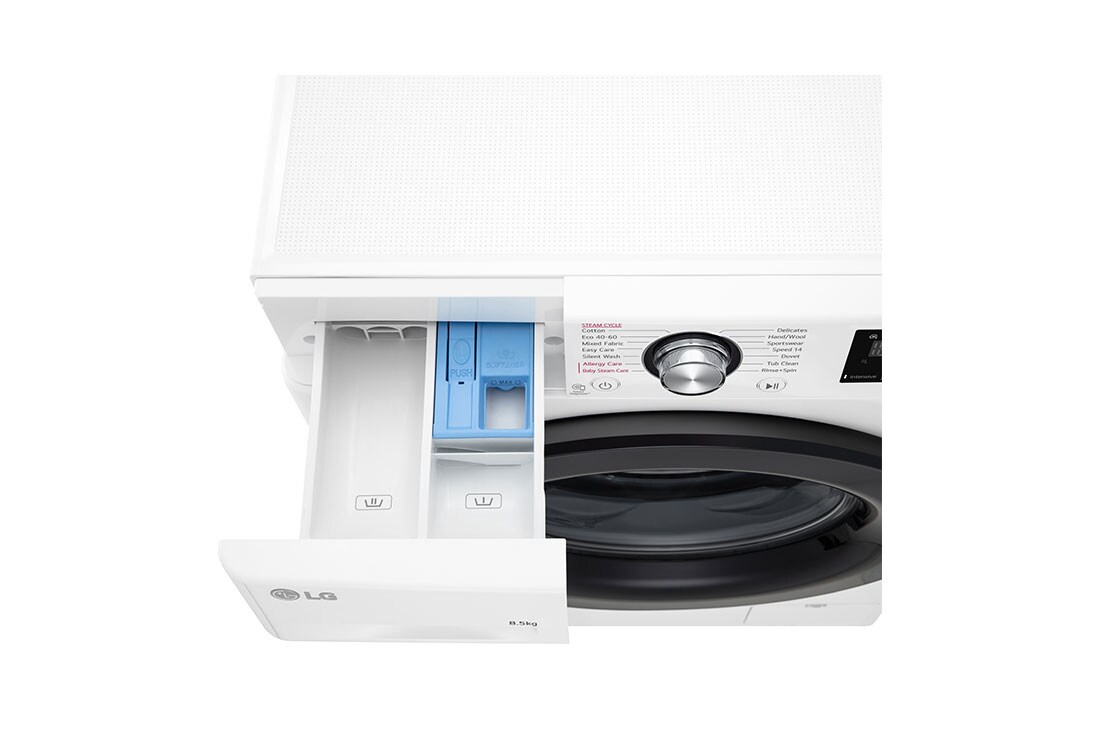 LG מכונת כביסה 8.5 ק''ג AIDD בצבע לבן פתח קדמי  עם דלת שחורה, Top_Drawer_Open_Detail, F0854SE, thumbnail 8