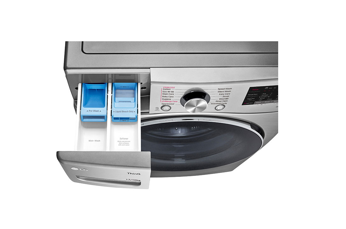 LG מכונת כביסה/מייבש  10/17 ק''ג AIDD פתח קדמי בצבע אבן כסופה ודלת בעלת גוון שחור, TopDrawerOpenDetail, F1710CV-1, thumbnail 7