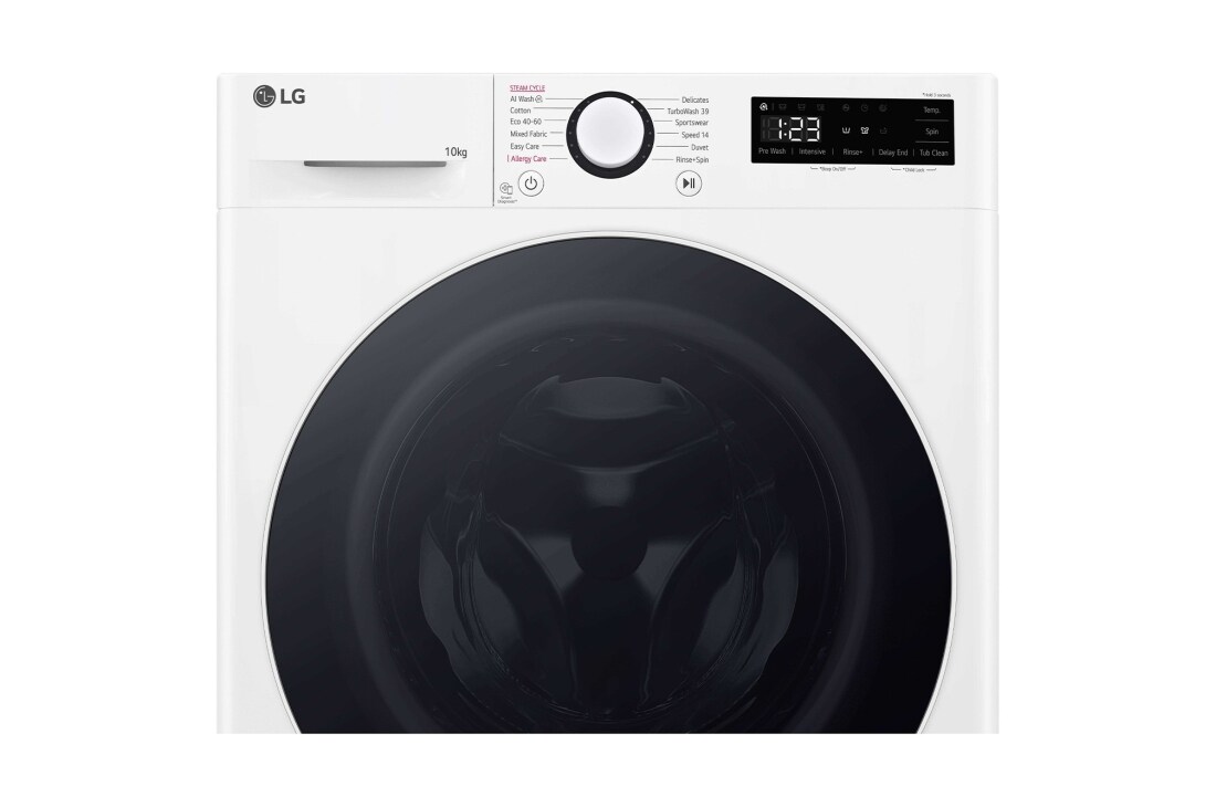LG מכונת כביסה 10 ק''ג AIDD בצבע לבן פתח קדמי עם דלת שחורה, front detailed view, F4Y5RYW0WY, thumbnail 7