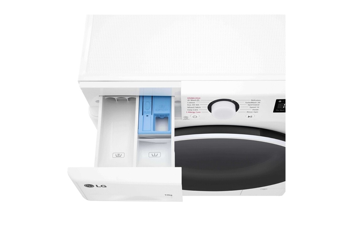 LG מכונת כביסה 10 ק''ג AIDD בצבע לבן פתח קדמי עם דלת שחורה, detergent tray open detailed  view, F4Y5RYW0WY, thumbnail 8