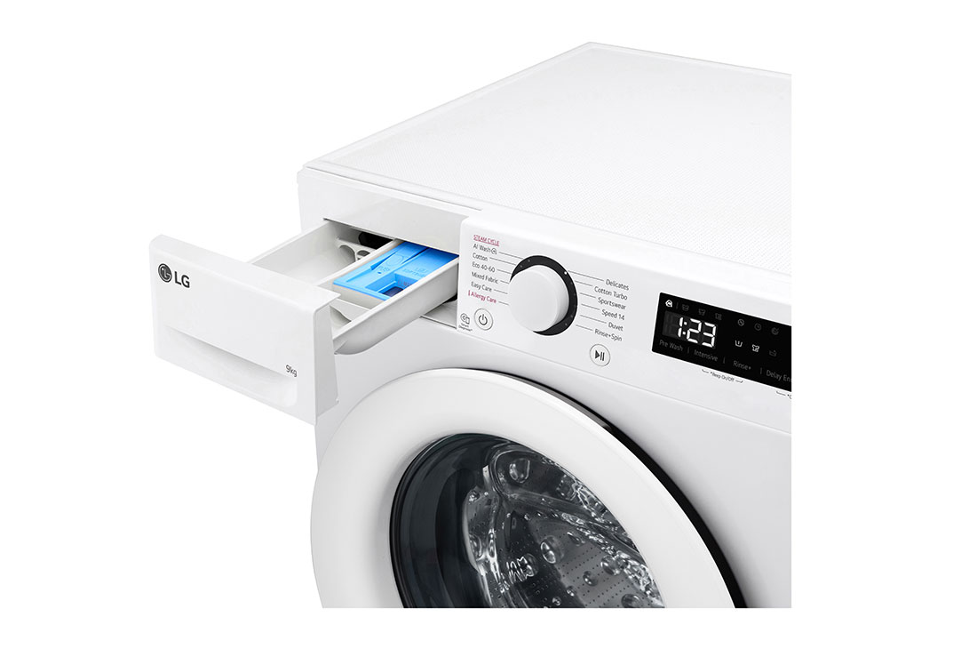 LG מכונת כביסה 9 ק''ג AIDD בצבע לבן פתח קדמי עם דלת לבנה , detergent tray open view , F4Y5VYW3W, thumbnail 6