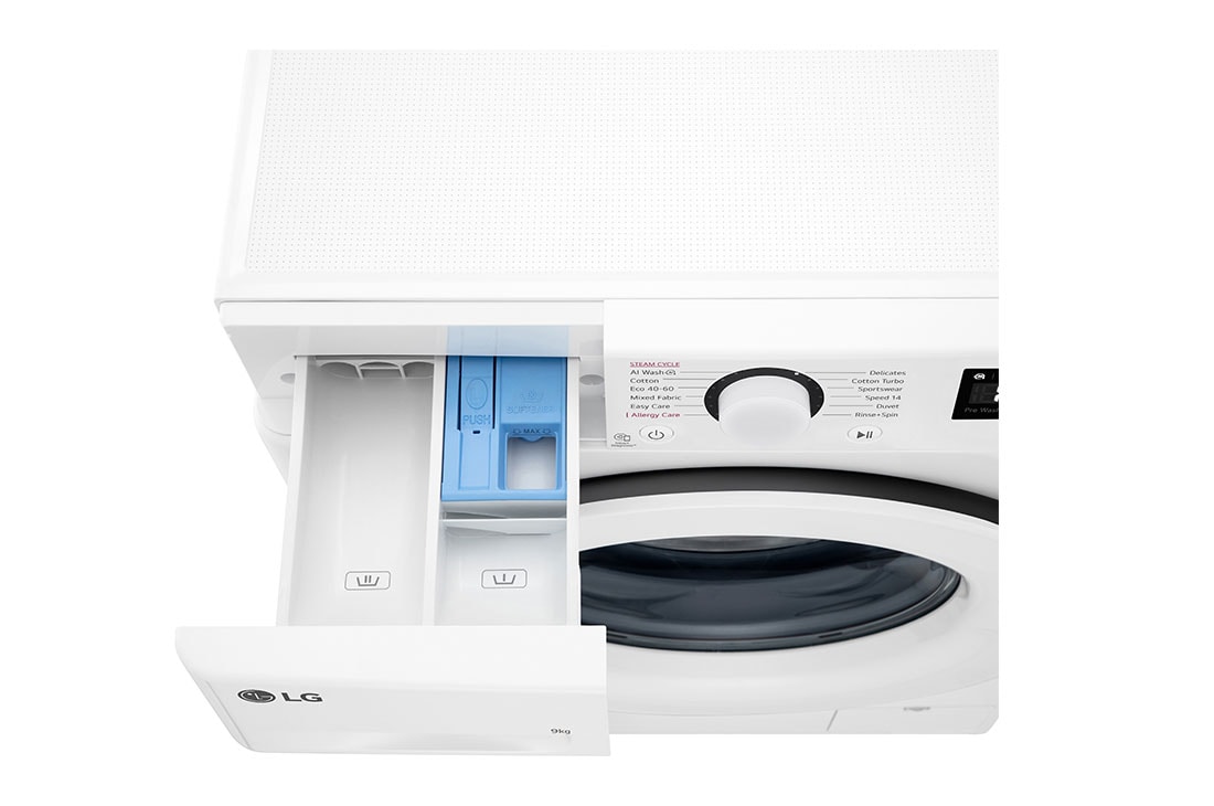 LG מכונת כביסה 9 ק''ג AIDD בצבע לבן פתח קדמי עם דלת לבנה , detergent tray open detailed  view, F4Y5VYW3W, thumbnail 8