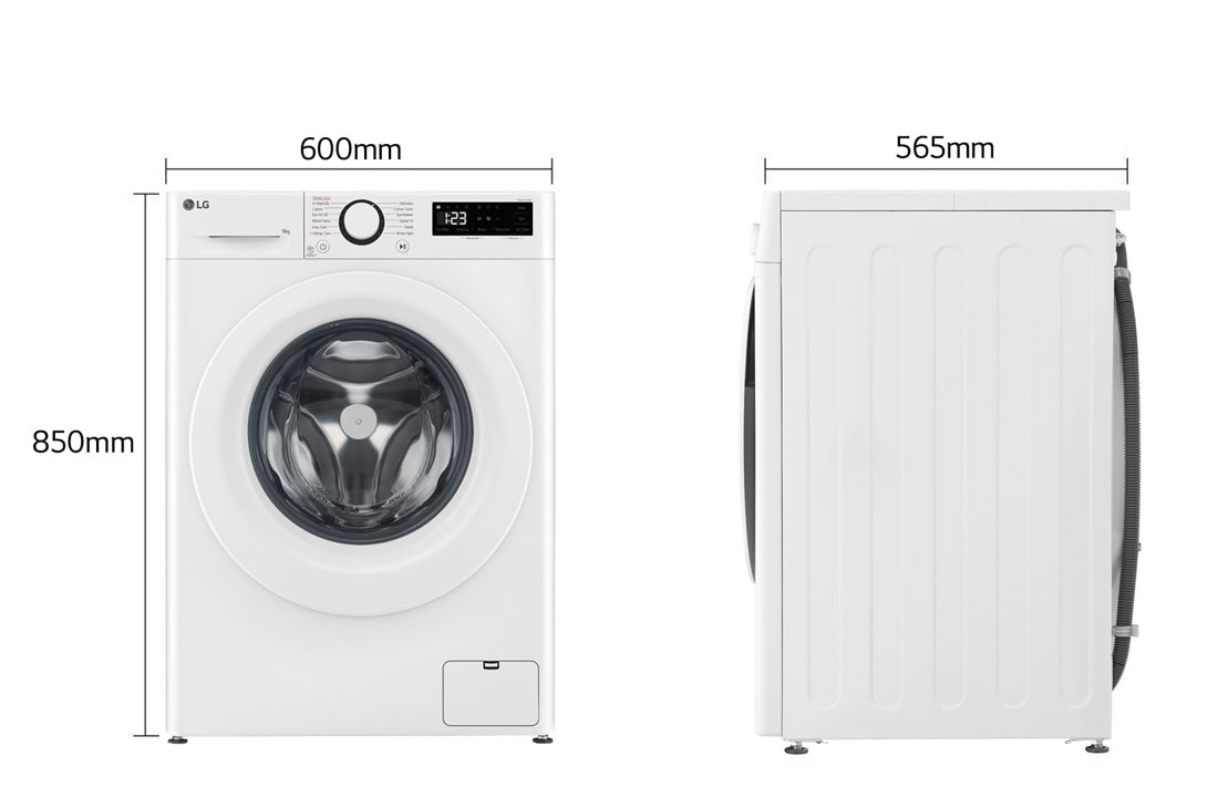 LG מכונת כביסה 9 ק''ג AIDD בצבע לבן פתח קדמי עם דלת לבנה , dimension image, F4Y5VYW3W, thumbnail 2