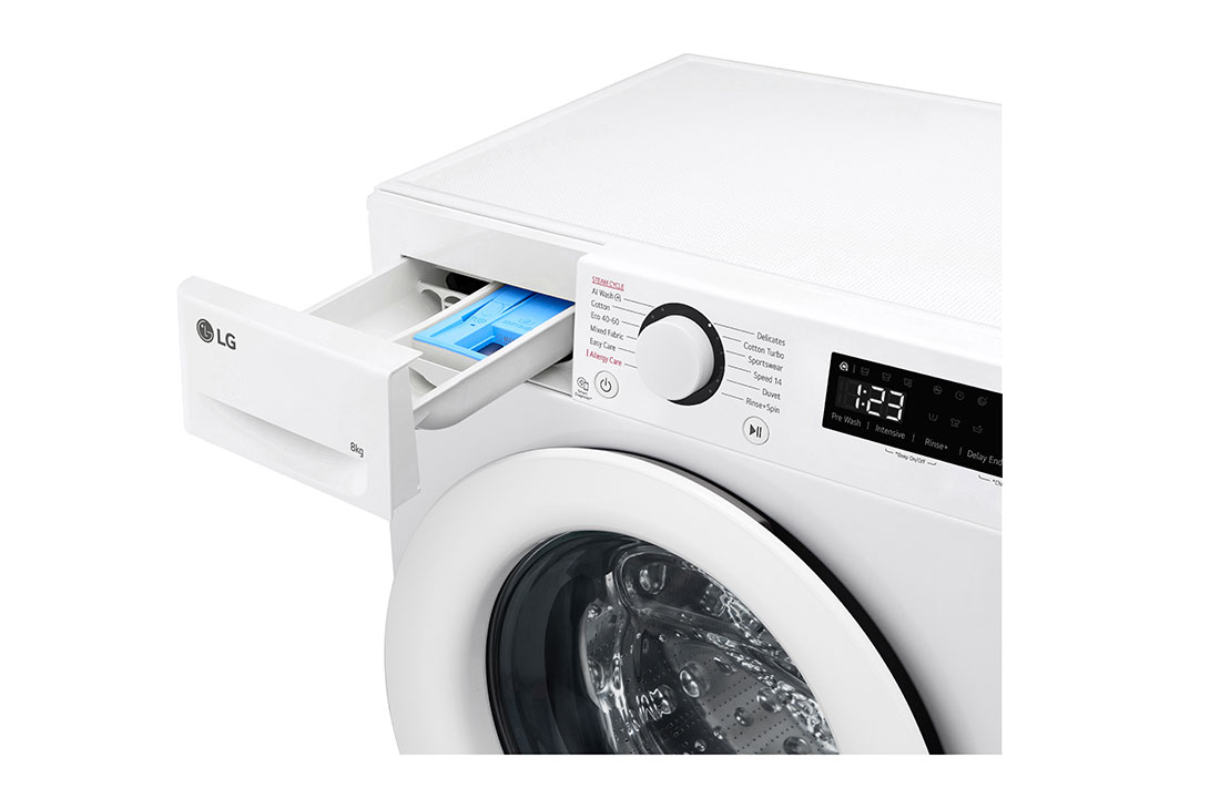LG מכונת כביסה 8 ק''ג AIDD בצבע לבן פתח קדמי עם דלת לבנה , drum view, F2Y5PYW3W, thumbnail 6