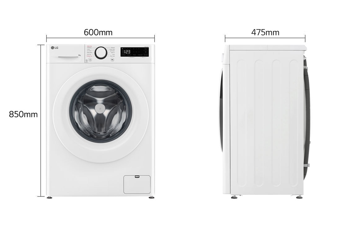 LG מכונת כביסה 8 ק''ג AIDD בצבע לבן פתח קדמי עם דלת לבנה , dimension image, F2Y5PYW3W, thumbnail 2