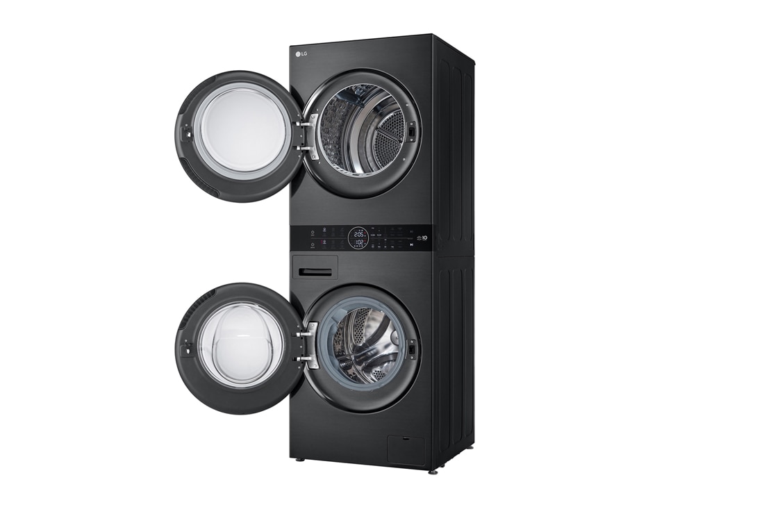 LG מכונת כביסה 12 ק''ג ומייבש כביסה 10 ק''ג במגדל יוקרתי בצבע שחור פלטינה, right side view with door open, WT40, thumbnail 8