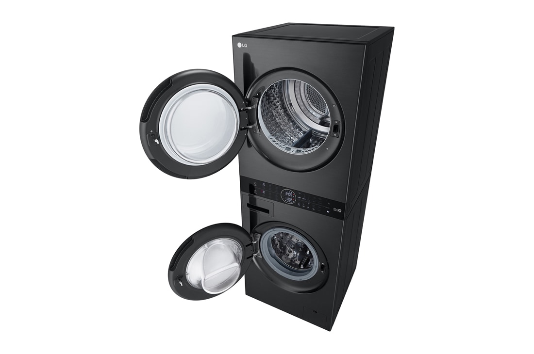 LG מכונת כביסה 12 ק''ג ומייבש כביסה 10 ק''ג במגדל יוקרתי בצבע שחור פלטינה, top perspective view with door open, WT40, thumbnail 13